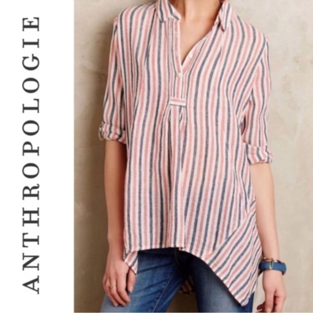 ISABELLA SINCLAIR Anthro S Boho Coast LINEN Candy Stripe Hankie Hem CLEAN Tunic
